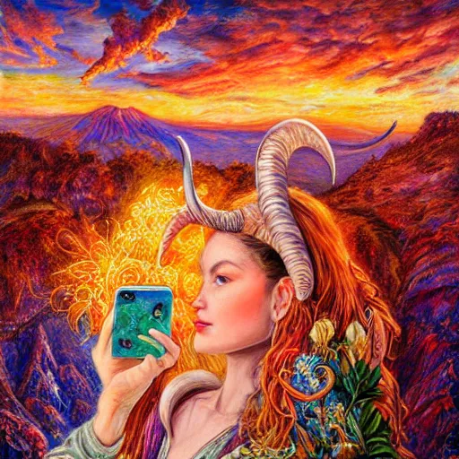 Image similar to painting by senior concept artist josephine wall, horned ram goddess checking her cell phone, erupting volcano and sunset in distance in background, flowers in foreground, fantasy, acrylic on canvas, intricately detailed, highly detailed, high resolution, hdr, 8 k, trending on artstation