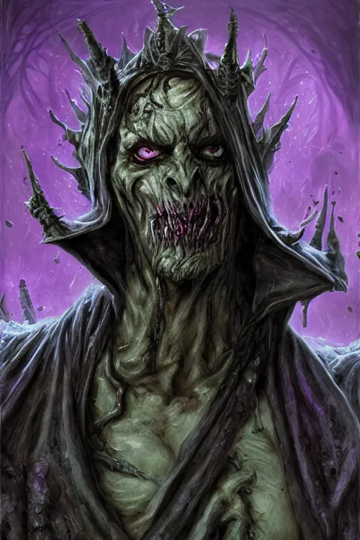 Image similar to portrait of hulking herculean ainz ooal gown undead lich, from overlord, warlock purple robes, magical electricity, upper body, fantasy, intricate, elegant, highly detailed, digital painting, artstation, concept art, sharp focus, illustration, art by luis royo, wayne barlowe, kirsi salonen, asya yoranova and alan lee