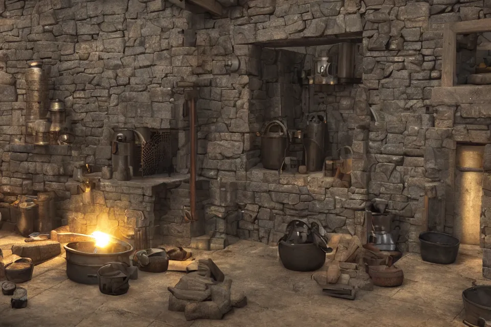 Prompt: blacksmith, smithy forge, smelting furnace, medieval, anvil, stacked metal ingots, single window, realistic, perfect lighting, concept art, 8 k