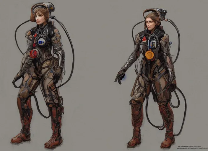 Image similar to front and back character view of a woman in scientist's jacket with a system of straps and pouches for collecting material by Donato Giancola, Trending on artstation and pixiv clean concept art and sheet