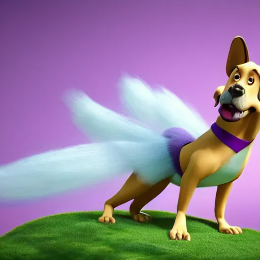 Image similar to a beautiful 3d render of a purple dog in a disney movie, in the style of disney, pixar, the dog is doing ballet, highly detailed, 8k resolution