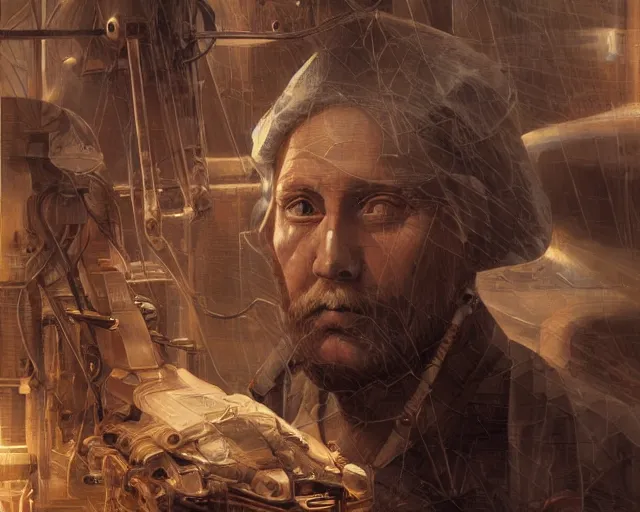 Prompt: portrait of a man building a machine in a science fiction futuristic environment, by ( leonardo da vinci ), sharp focus, intense emotion, illustration, centered, intricate, artstation, detailed facial expression, elegant, highly detailed, digital painting, concept art, wlop, smooth, detailed surroundings