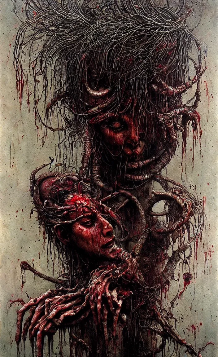 Prompt: Shiva is dancing. Drops of blood, meat. Dark colors, high detail, hyperrealism, horror art, intricate details, masterpiece, biopunk, body-horror, art by Greg Broadmore, Esao Andrews, Beksinski, Giger