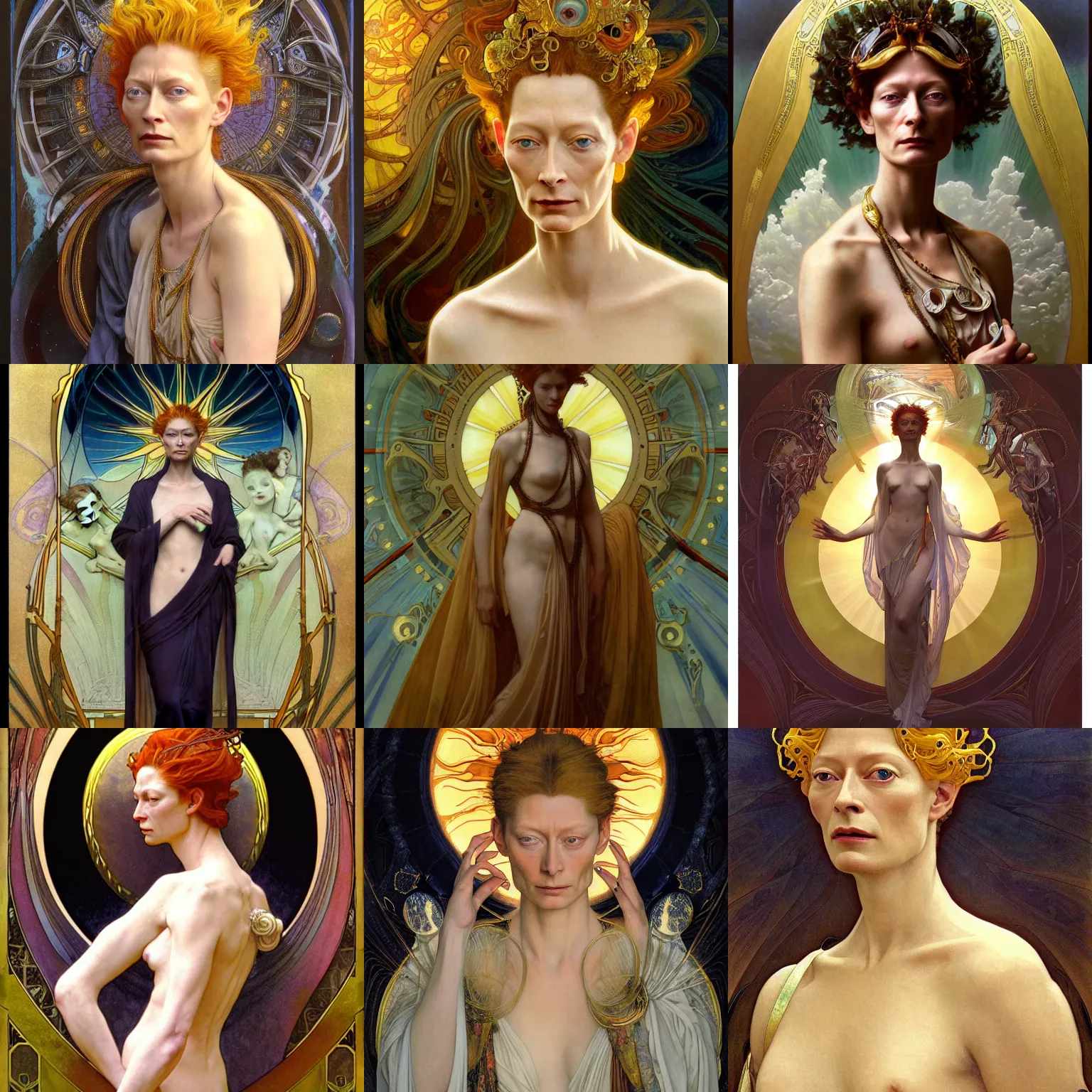 Prompt: stunning, breathtaking, awe-inspiring award-winning concept art nouveau painting of attractive Tilda Swinton as the goddess of the sun, with anxious, piercing eyes, by Alphonse Mucha, Michael Whelan, William Adolphe Bouguereau, John Williams Waterhouse, and Donato Giancola, cyberpunk, extremely moody lighting, glowing light and shadow, atmospheric, cinematic, Octane render, 8K