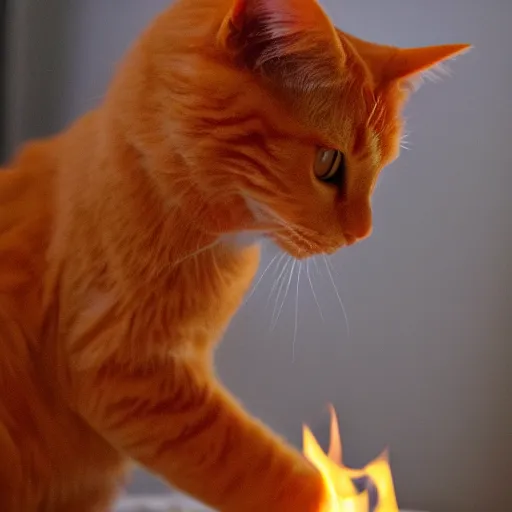 Image similar to an orange cat staring at a drawer ~ on fire ~ fire ~ high - resolution photo ~