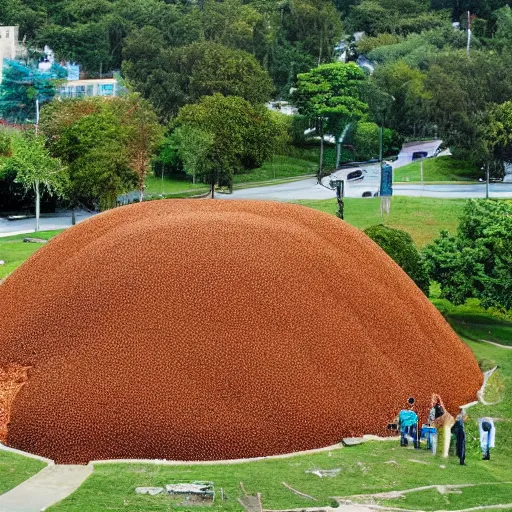 Image similar to a giant anthill in the shape of a school with ants going in and out of it wearing backpacks