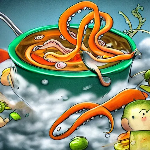 Prompt: octopus cooking soup among clouds, stirring a pot with a ladle and cutting vegetables, fantasy illustration, trending on artstation, deviantart, very realistic, 4k