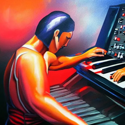 Image similar to beautiful painting of a ninja warrior playing a synthesizer in a music studio with red liquid coming out of the studio monitor speakers