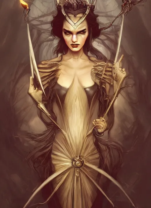 Image similar to tarot!!, fairy queen, fantasy medieval, no noise, elegant, concept art, sharp focus, beautiful face!!, digital art, smooth defined outlines!!, by Brom, trending on Artstation, Tom Bagshaw, Sargent