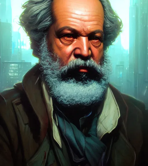 Image similar to highly detailed portrait of karl marx in cyberpunk, cyborg, stephen bliss, unreal engine, fantasy art by greg rutkowski, loish, rhads, ferdinand knab, makoto shinkai and lois van baarle, ilya kuvshinov, rossdraws, tom bagshaw, global illumination, radiant light, detailed and intricate environment