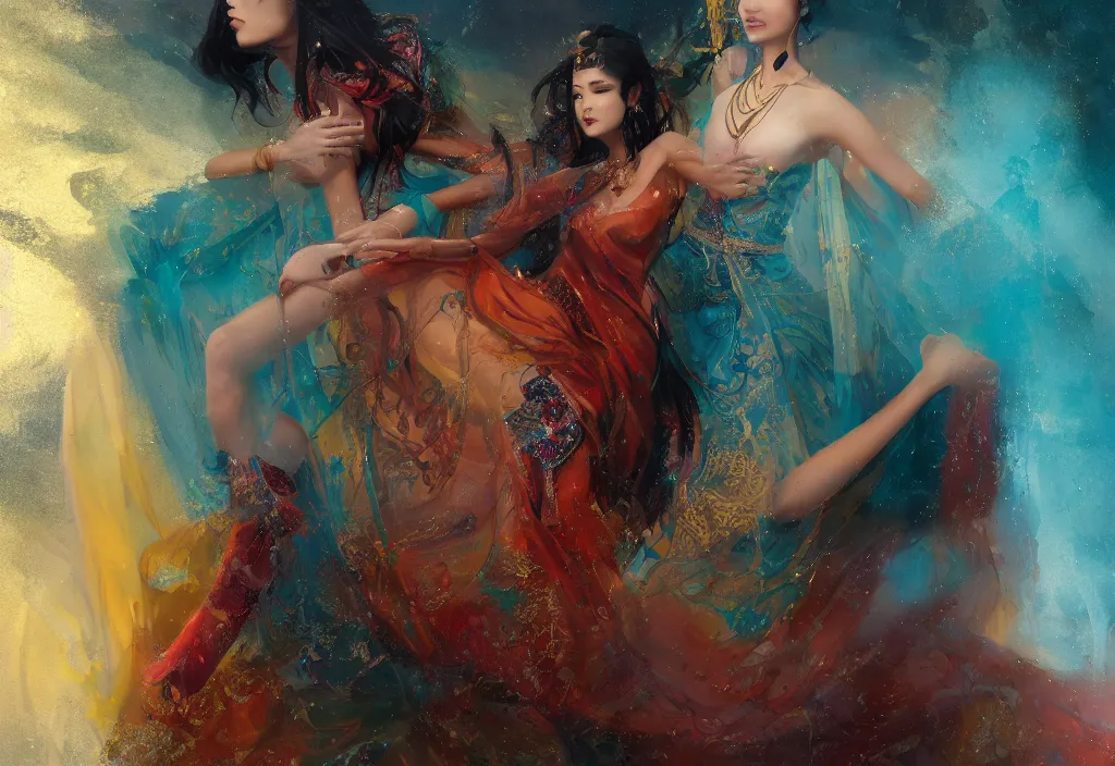 Image similar to full body portrait of a duo of 1 9 years old girl figures, oriental tattoos, jeweled ornament over forehead, jewelry, subject wearing a high fashion mystical gown, flowing, beautiful, dramatic, cinematic lighting, ultramarine, indian yellow, fire red, few vivid turquoise highlights, by greg rutkowski and jeremy mann, artstation, pixiv, oil on canvas