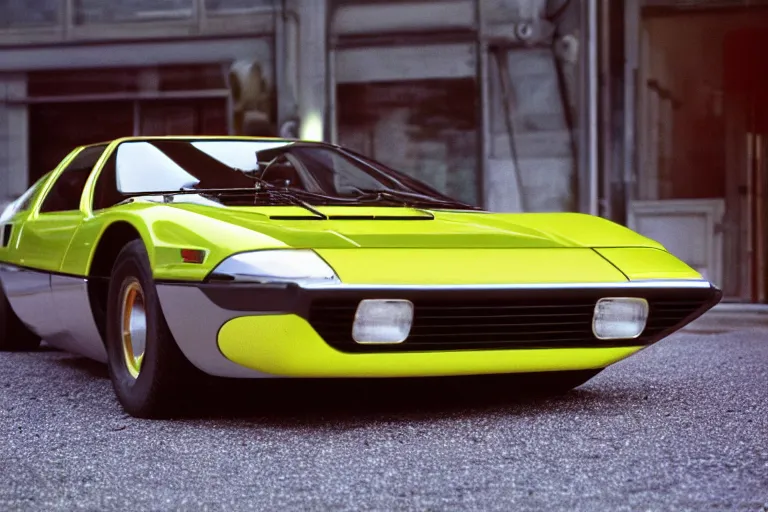 Image similar to designed by Giorgetto Giugiaro stylized poser of a single 1973 Citroen DM Miura ((McLaren F1)) DeLorean, thick neon lights, ektachrome photograph, volumetric lighting, f8 aperture, cinematic Eastman 5384 film