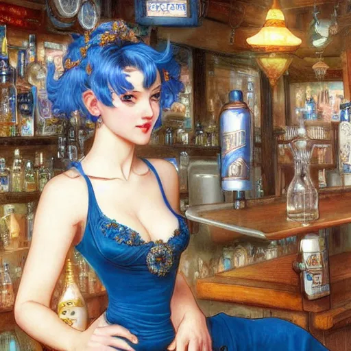 Image similar to a smiling happy beautiful barmaid with short blue hair wearing a red satin dress in a rustic saloon, beautiful sparkling blue eyes, caucasian, fantasy, intricate and very beautiful and elegant, highly detailed, digital painting, artstation, concept art, smooth and sharp focus, illustration, art by tan zi and artgerm and alphonse mucha and peter mohrbacher