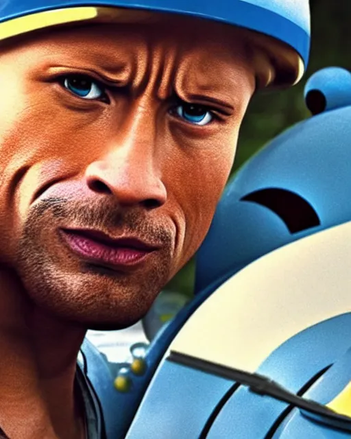 Image similar to Film still close-up shot of Dwayne Johnson as the Thomas the Tank Engine. Photographic, photography