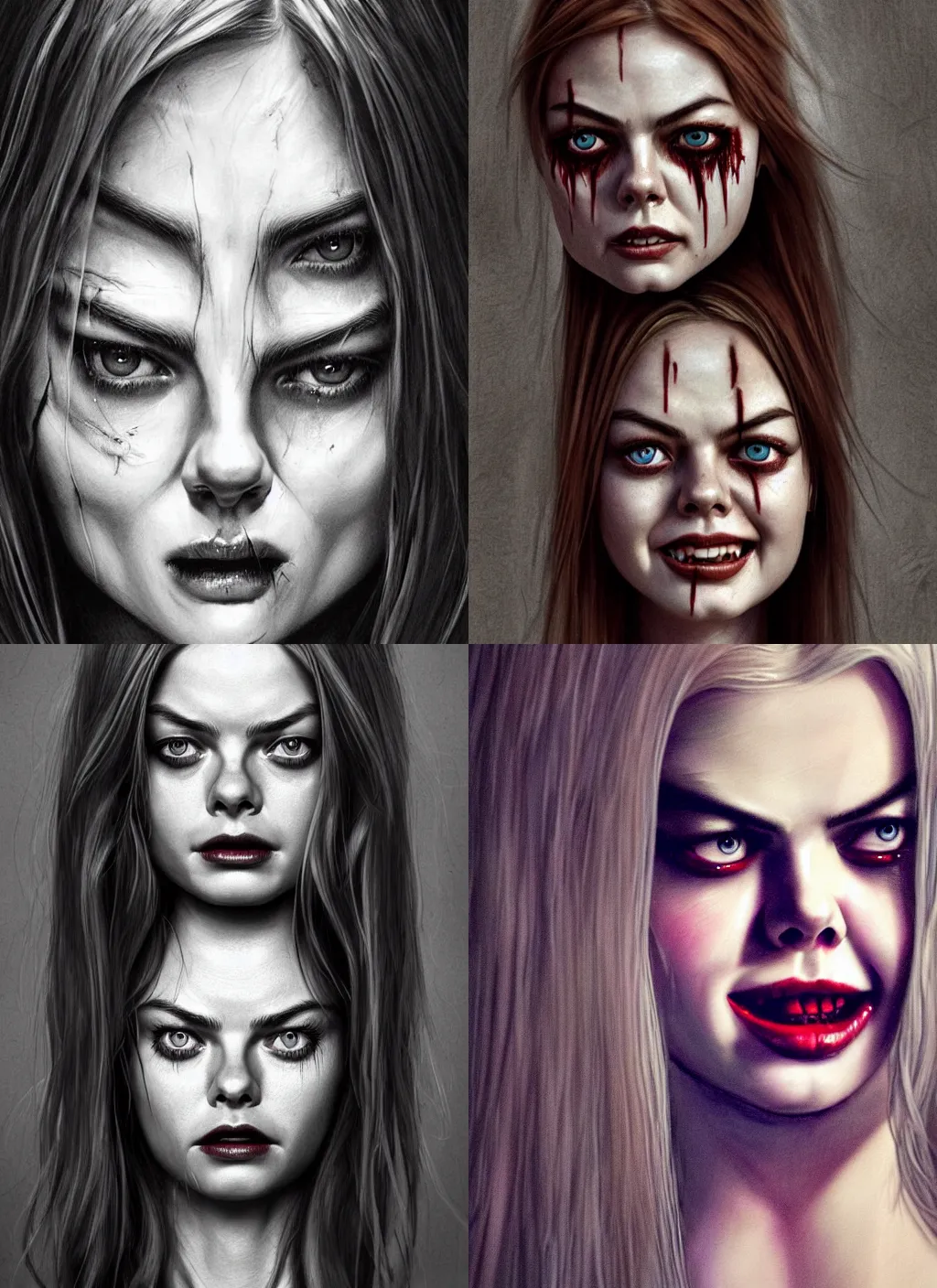 Prompt: gorgeous female Samara Weaving, horror movie slasher, slasher movie, holding knife, realistic character concept, creepy evil smile, shorter neck, illustration, symmetrical face and body, realistic eyes, artstation, cinematic lighting, hyperdetailed, detailed realistic symmetrical eyes, face by artgerm, symmetrical nose, cgsociety, trees, forest, 8k, high resolution, Charlie Bowater, Tom Bagshaw, single face, insanely detailed and intricate, beautiful, elegant, vfx, postprocessing