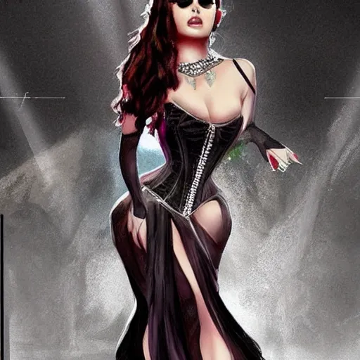 Image similar to photo of haifa wehbe wearing a translucent corset dress, fantasy, artstation, concept art