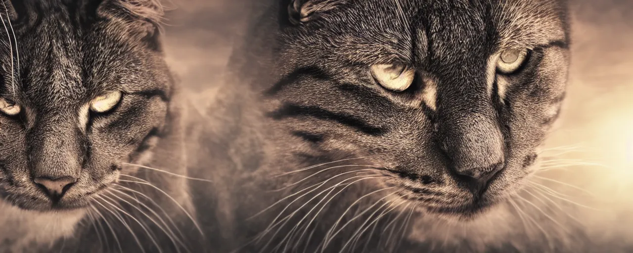 Prompt: close-up photo of a warrior cat in a battle scene, shallow depth of field, photorealistic, cinematic lighting, warm colours, dusk