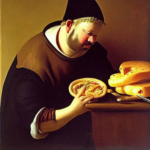 Prompt: a 1 9 th century portrait of guy fieri making a greasy macaroni and cheese sandwich, by vermeer, portrait, royal, oil on canvas