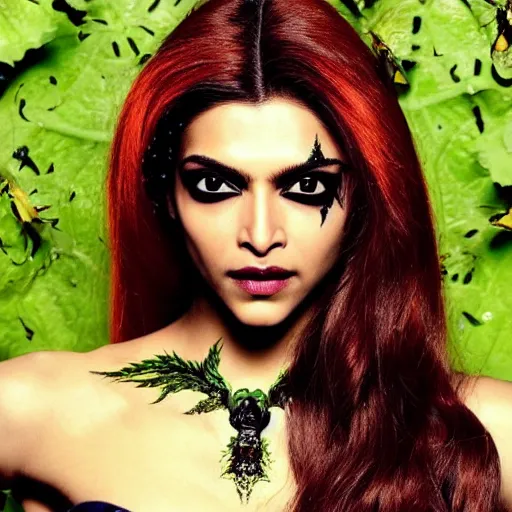 Image similar to A beautiful portrait of Deepika Padukone as Poison Ivy from Batman as a Versace fashion model Spring/Summer 2010, highly detailed, in the style of cinematic, Getty images, Milan fashion week backstage, Makeup by Pat McGrath, Hair by Guido Palau, Greg rutkowski