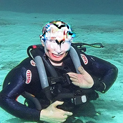 Prompt: putin below water scubadiving while smiling