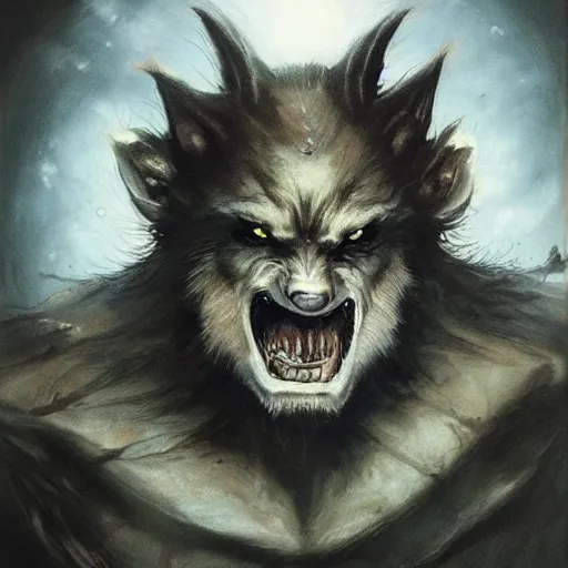 Image similar to werewolf lycanthrope monster makeup grinning grimpunk vile reprobate portrait portrait Wolfman Wolfman Fenrir with tombow odd nerdrum greg rutkowski frank frazetta alexandre briclot Dave Dorman splatterpaint