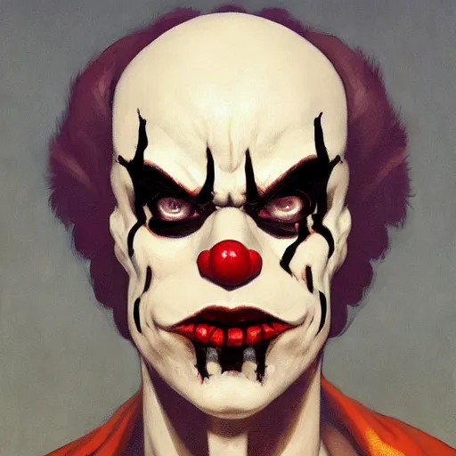 Image similar to 4k headshot portrait of Spawn clown from Macfarlane comics by Craig Mullins, ilya kuvshinov, krenz cushart, epic , artgerm trending on artstation by Edward Hopper and Dan Mumford and WLOP and Rutkovsky, beksinski carl spitzweg moebius and tuomas kocar, intricate artwork by caravaggio, Unreal Engine 5, Lumen, Nanite , 4K headshot of godlike clown with defined arms and open hands and bloody clothes with giant mandala wings , intricate face , flawless anime cel animation by Kentaro Miura, psychedelic , highly detailed upper body , professionally post-processed , beautiful, scary, symmetry accurate features, epic, octane rendered, anime masterpiece, accurate