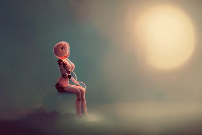 Image similar to a cute robot girl sitting on a cloud relaxing, misty, digital art, hazy, foggy, red lighting, ambient lighting, 8 k,