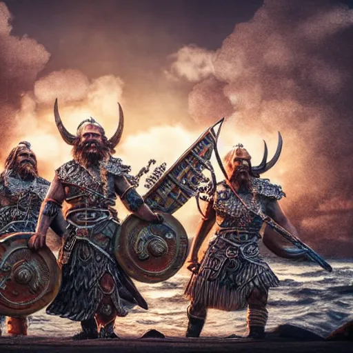 Image similar to vaporwave vikings in dragon ship raid, intricate detail, finely detailed, small details, extra detail, photorealistic, high resolution, vray, hdr, hyper detailed, insane details, intricate, elite, ornate, elegant, luxury, dramatic lighting, octane render, weta digital, micro details, 3 d sculpture