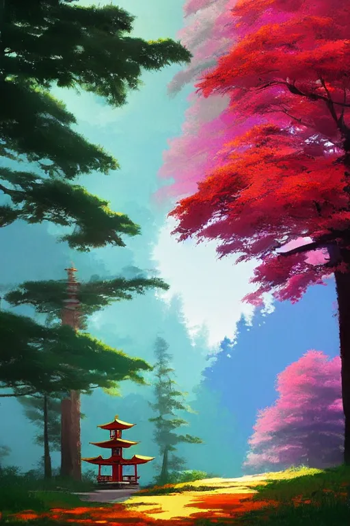 Image similar to Japanese Torii in a colorful moutain with COLORFUL trees ,morning , by studio ghibli painting, superior quality, masterpiece, by Grzegorz Rutkowski, concept art