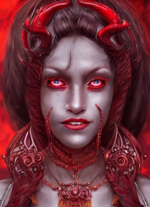 Image similar to red skin, Tiefling , smiling, beautiful detailed eyes, cute, fantasy, intricate, elegant, highly detailed, digital painting, 4k, HDR, concept art, detailed jewelry, smooth, sharp focus, illustration, by Wayne Reynolds