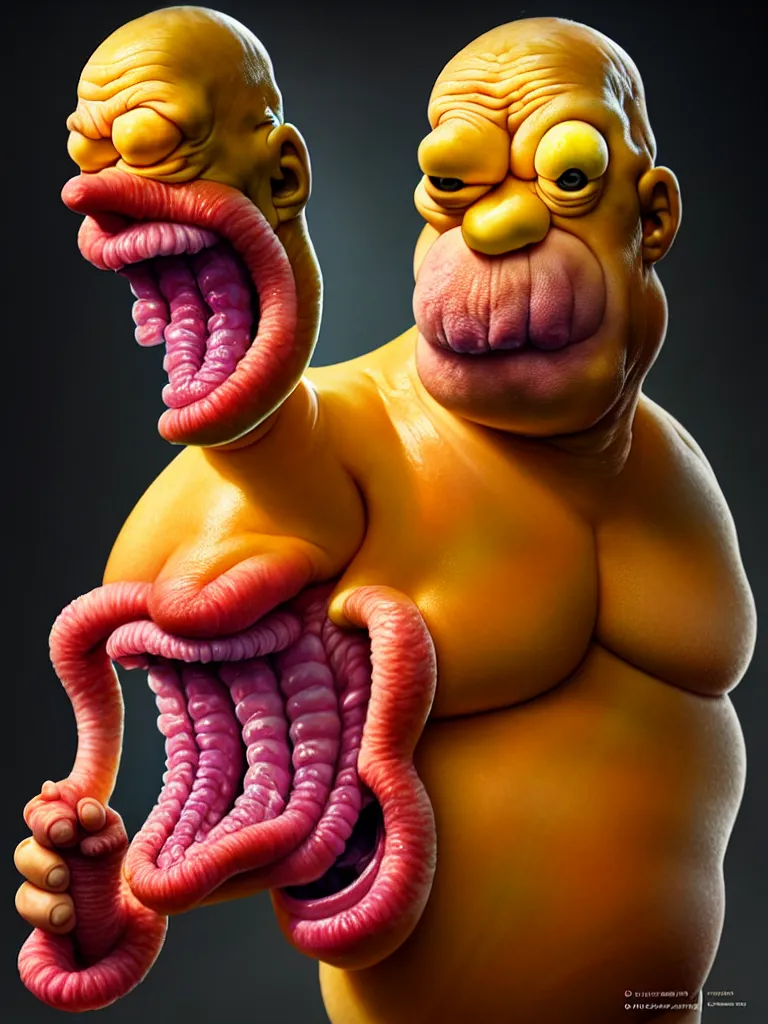 Image similar to hyperrealistic rendering, fat smooth cronenberg flesh monster homer simpson by donato giancola and greg rutkowski and wayne barlow and zdzisław beksinski, product photography, action figure, sofubi, studio lighting, colored gels, colored background