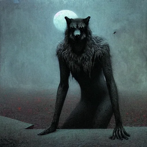 Image similar to werewolf girl with black wings by Beksinski