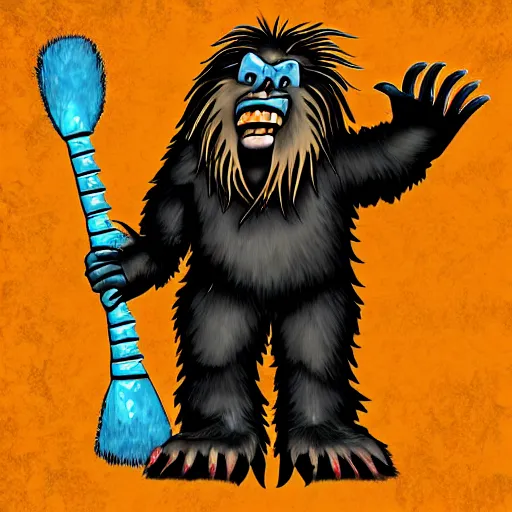 Image similar to A Sasquatch, Big Foot rocking out to heavy-metal-music, dancing and headbanging, digital art