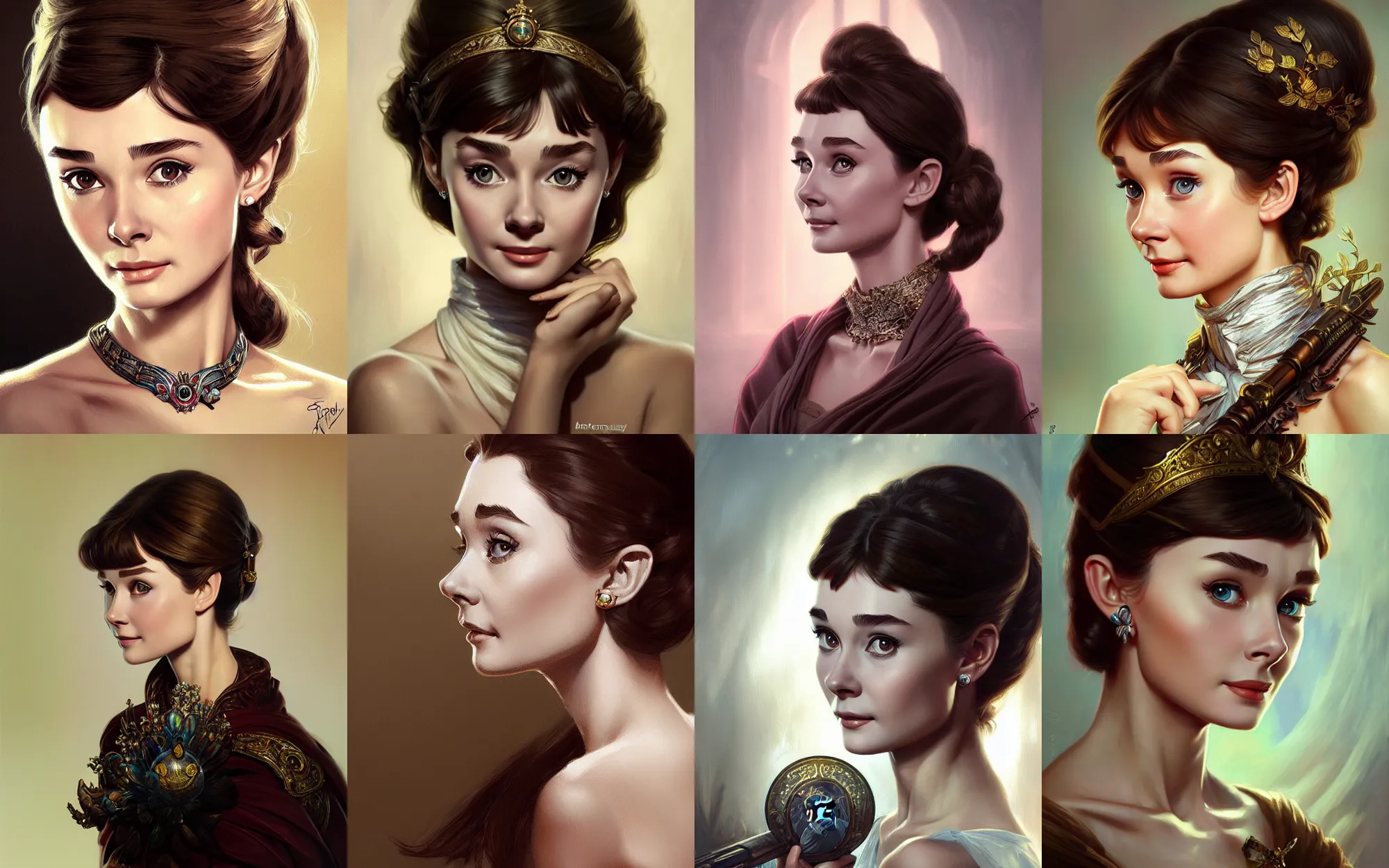 Prompt: emotional portrait of young audrey hepburn, deep focus, d & d, fantasy, intricate, elegant, highly detailed, digital painting, artstation, concept art, matte, sharp focus, illustration, hearthstone, art by artgerm and greg rutkowski and alphonse mucha