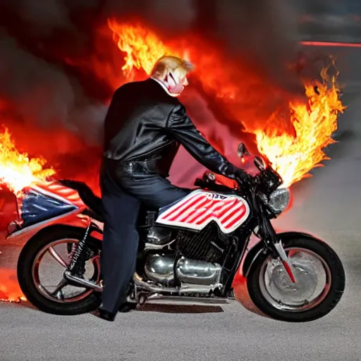 Image similar to Donald Trump on a motorcycle with fire coming out of the exhaust, cinematic lighting