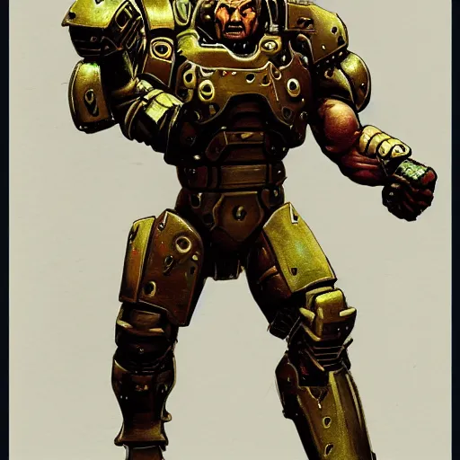 Image similar to portrait of a doomguy from doom, in his battle armor. he's a bodybuilder. visible biceps. gritty cyberpunk, messy blood. skeletons, corpses, monsters, bloated warhammer creatures. combat armor, exoskeleton. game cinematic still. digital illustration by frank frazetta. oil painting, highly detailed, centered, artgerm