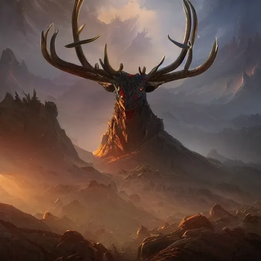 Prompt: giant warrior stag in a vortex of rock, 8 k resolution matte fantasy painting, cinematic lighting, rock, deviantart artstation, jason felix steve argyle tyler jacobson peter mohrbacher