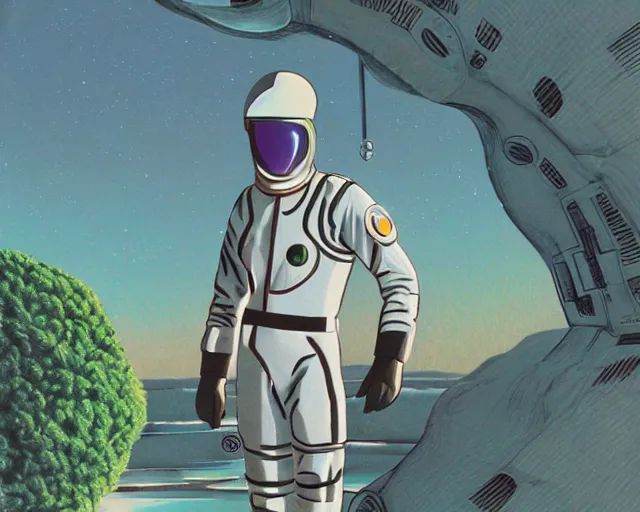 Image similar to a portrait of Alain Delon pilot in spacesuit posing on field forrest spaceship station landing laying lake artillery outer worlds shadows in FANTASTIC PLANET La planète sauvage animation by René Laloux