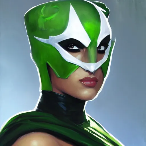 Image similar to greg manchess portrait painting of jade from mortal kombat wearing a half mask as overwatch character, medium shot, asymmetrical, profile picture, organic painting, sunny day, matte painting, bold shapes, hard edges, street art, trending on artstation, by huang guangjian and gil elvgren and sachin teng