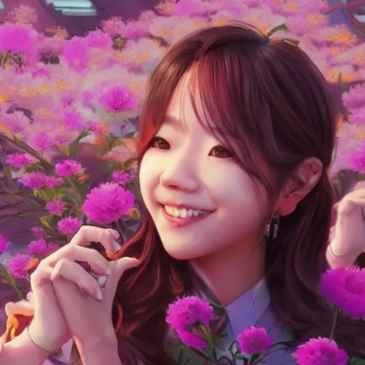 Image similar to portrait of sunny from kpop, smiling with flowers in hands. sharp focus, cinematic pose, cinematic lighting, unreal engine render. art by josan gonzales and moebius and deathburger.