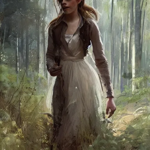 Image similar to portrait of emma watson walking in a forest, casual outfit, high detail, greg rutkowski