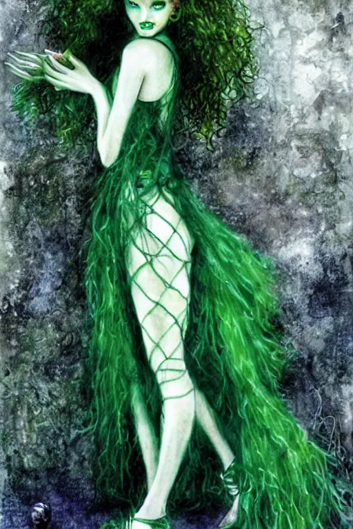 Image similar to full body portrait of lily cole as delirium from sandman, wearing a green dress and fishnet stockings by luis royo