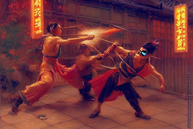 Image similar to wuxia, fight on the roof, neon light, painting by gaston bussiere, craig mullins, j. c. leyendecker