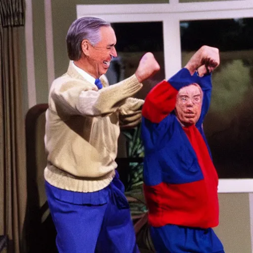 Prompt: Mr. Rogers sparring with Donald Trump in the karate style of Wado-ryu