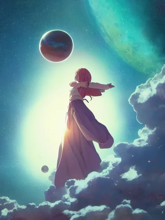 Prompt: a godly, wise, powerful giant girl wearing a skirt in space holding a small planet in her left hand. Soft lighting, cosmic skies, stunning, 8K, octane render. By Makoto Shinkai, Stanley Artgerm Lau, WLOP, Rossdraws, James Jean, Andrei Riabovitchev, Marc Simonetti, krenz cushart, Sakimichan, D&D trending on ArtStation, digital art.