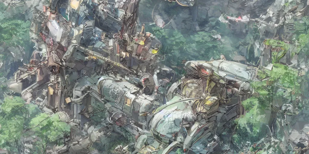 Image similar to a beautiful movie still in the style of Studio Ghibli anime showing a giant alien creature destroying a tank in a post-apocalyptic New York City overrun with vegetation. Studio Ghibli, award-winning scifi, aerial photography, wide angle lens, trending on artstation, trending on behance