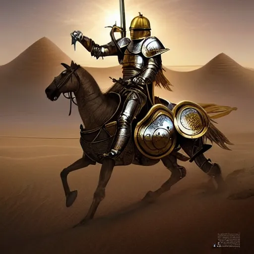 Prompt: Realistic photo of the king of the Desert in Battle, Knight with a golden helmet and a Silver Armour, Sand, Heroic Battle Scene, dark fantasy, intricate, cinematic lighting, highly detailed, digital art, trending on Artstation, 8k, photorealistic, art by Artgerm and Greg Rutkowski and Alphonse Mucha