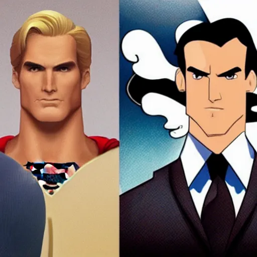 Image similar to superman with a thin jaw line and a thin nose, he have blond hair and two sides hair