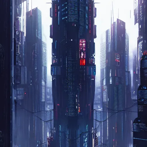 Prompt: Fully dark cyberpunk city with one building in the middle with only one window shining in style of Tsutomu Nihei. ArtStation, Cyberpunk, Vertical Symmetry, 8K, Highly Detailed, Intricate, Album Art.