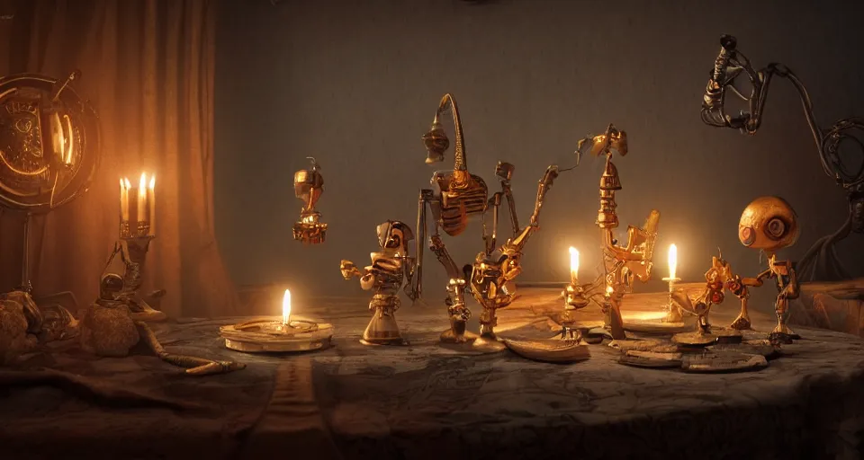 Image similar to a beautiful tapestry, a small robot playing 3 d chess, ultra detailed, atmospheric lighting, steampunk, moody, candles, characters from machinarium, by don bluth, trending on artstation, octane render, 8 k, ultra realistic